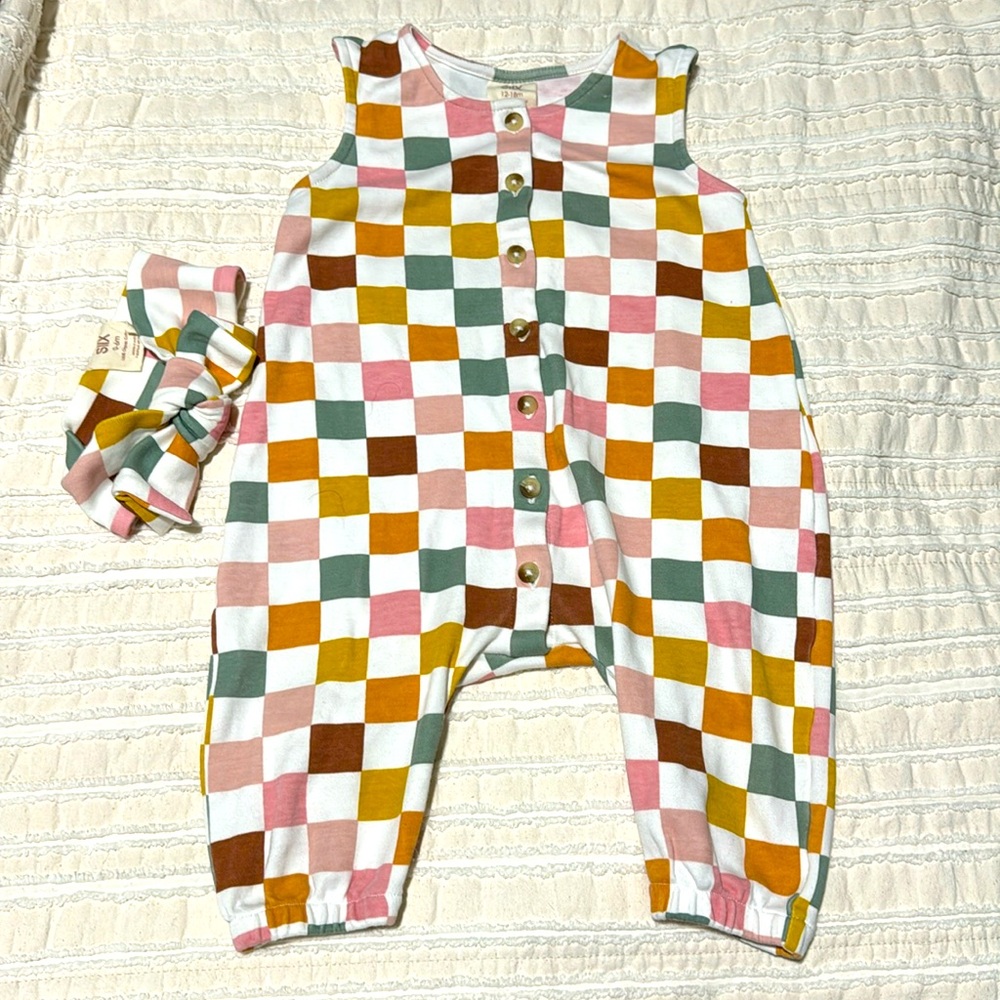 SIIX Collection Cake Pop Checkerboard Jumpsuit and Matching Bow